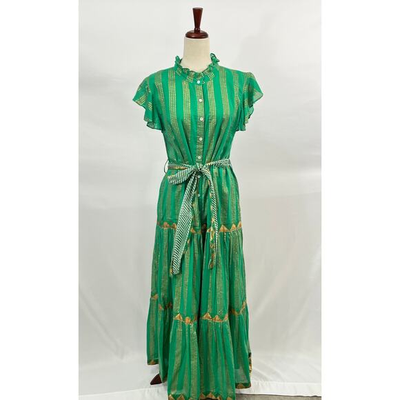 OLIPHANT L Large Pixie Green Gold Ruffle Collar Maxi Dress Belted Short Sleeve - Picture 8 of 9